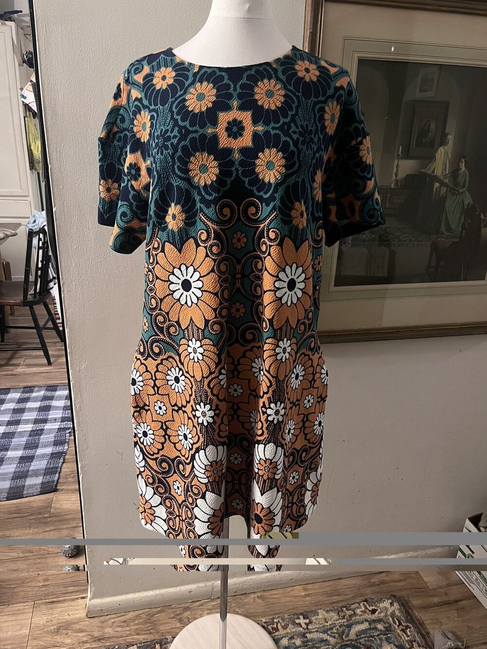 Maeve by Anthropologie Mod Floral Mini Dress Orange Teal Retro 60s Shift XL